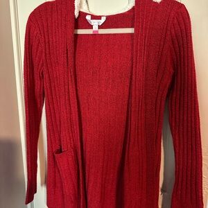 Red cardigan sweater with hoodie